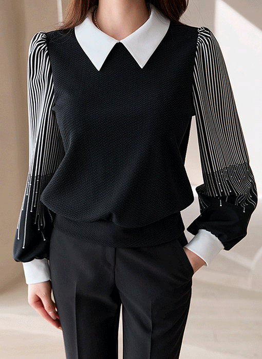 [LouisAngel] ボウタイ付きストライプスリーブ配色プルオーバー bl39165