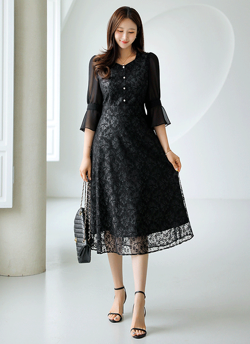 [LouisAngel] ハートネックシアースリーブフラワーレースワンピース op41447