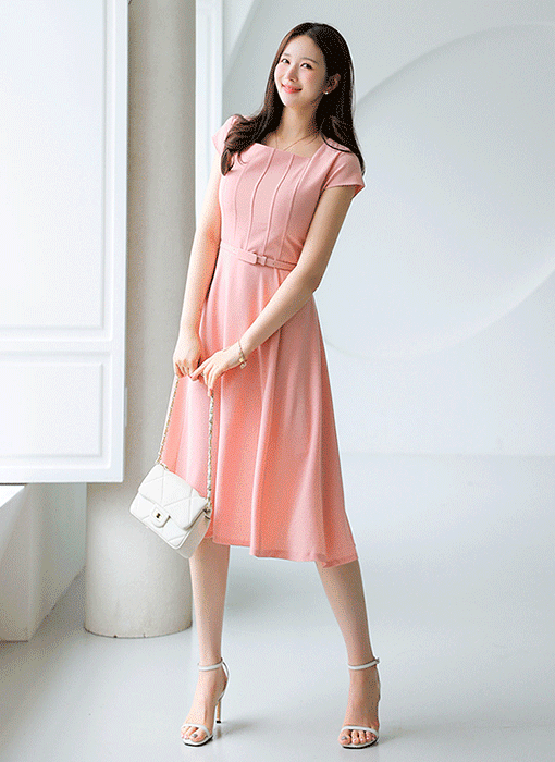 ベルト付き スクエアネック キャップスリーブ フレアワンピース op41537