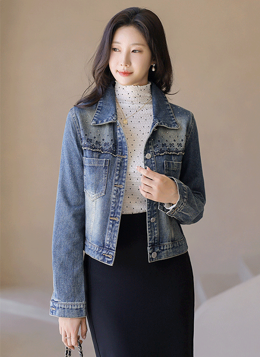 ラインストーン付きリボン刺繍デニムジャケット jk42031