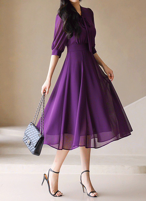 [LouisAngel] 7分袖リボンタイネックフレアシフォンワンピース op42043