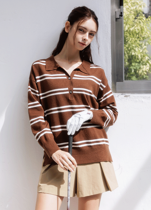 [QoG] ゴルフ ボーダー ポロカラーニット nt42298