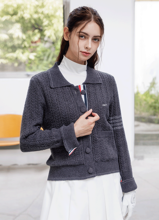 【防風ニット】[QoG] ゴルフ トリコロール ケーブルニットカーディガン nt42361