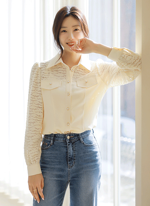 [LouisAngel] フラワージャガードレースドッキングブラウス bl38769