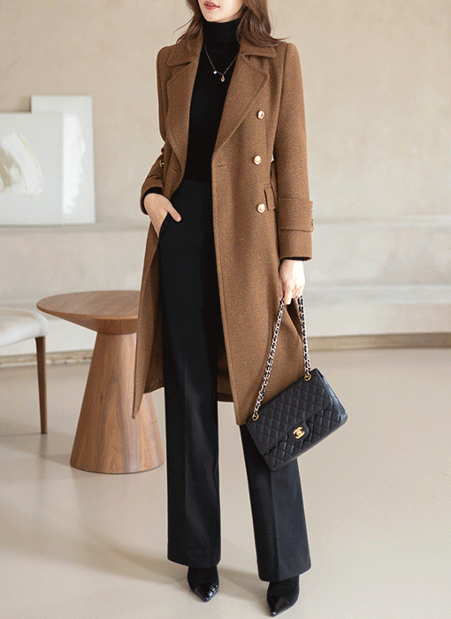 [LouisAngel] ウールブレンド ベルト付き ミックスカラーダブルロングコート ct30312