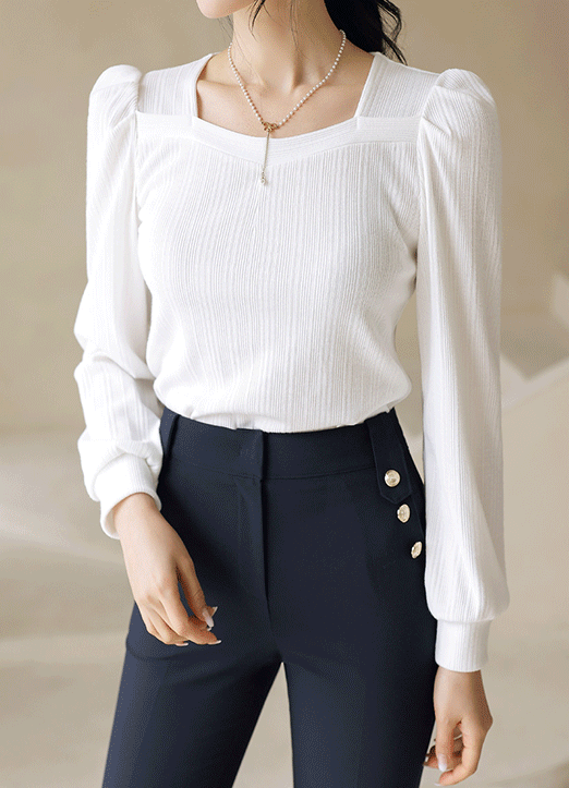 [LouisAngel] スクエアネック パフスリーブ リブプルオーバー ts32975