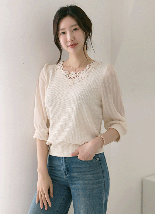 [LouisAngel] シアードッキングフラワーモチーフレースジャガードニットプルオーバー nt39570