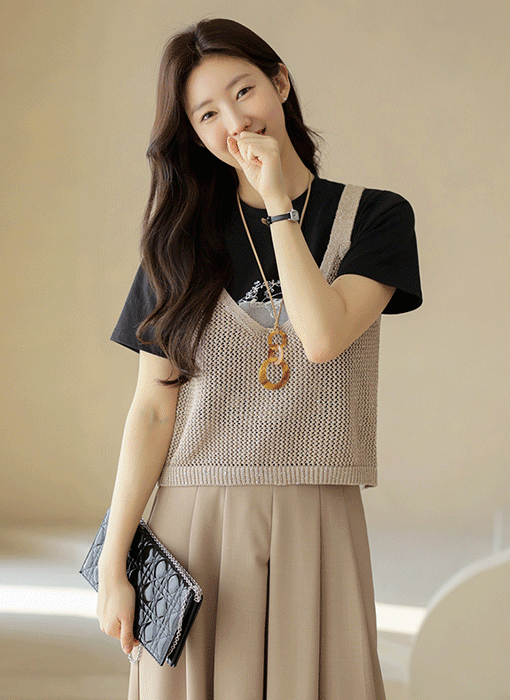 透かし編みスパンコールラメニットビスチェキャミソール vt40161
