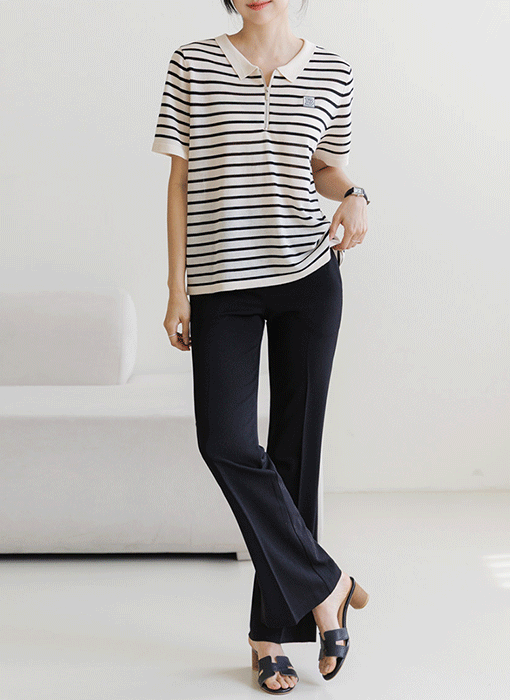 [THE ONME] ボーダーハーフジップポロニット nt40260