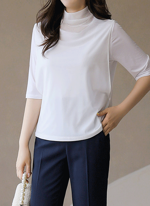 【4色展開】チュールネック５分袖ドレーププルオーバー ts41196