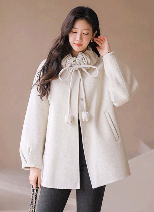 取り外し可能なギャザーネックウォーマー付きウール100 ハンドメイドコートct42670