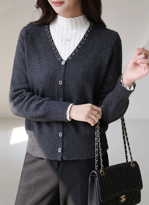 ビーズ付き ウールブレンド Vネックニットカーディガン cd42685