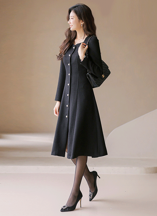 ハートネック パールボタン スリムフレアワンピース op42730