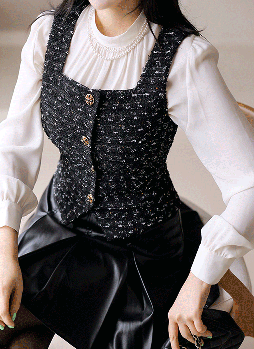 [LouisAngel] スパンコールツイードスクエアネックベストvt42526