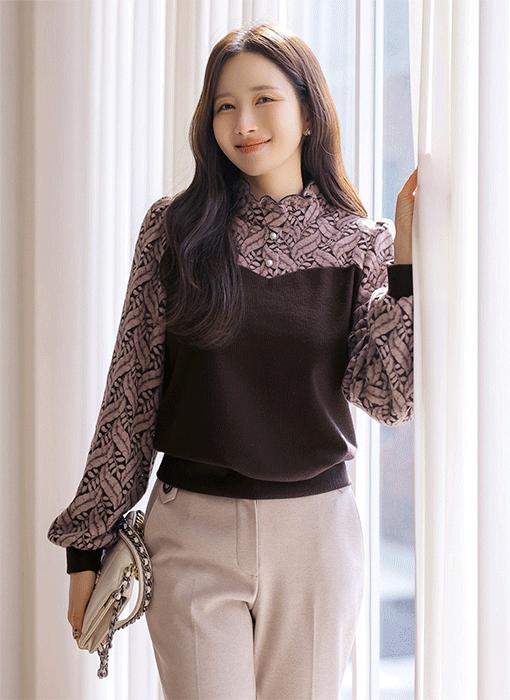 [LouisAngel] リーフ柄 起毛レース 配色プルオーバー bl43057