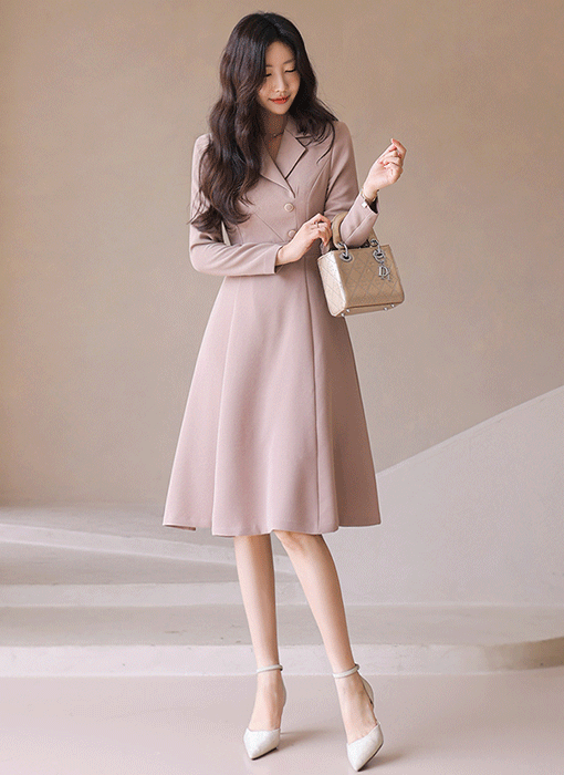 テーラードカラー ツーボタン フレアワンピース op43105