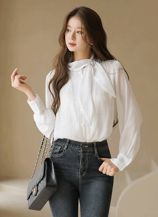 ラインストーン付き シャイニーサテン リボンタイブラウス bl37887