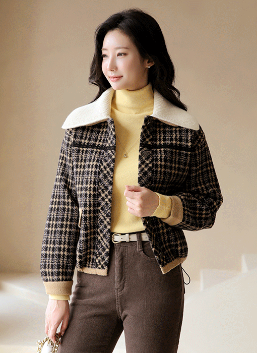 取り外し可能なニットカラー付きチェックニットジャケット cd43255