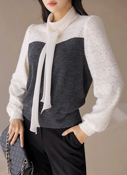 [LouisAngel] フラワー起毛レースドッキング配色リボンタイプルオーバー nt43311