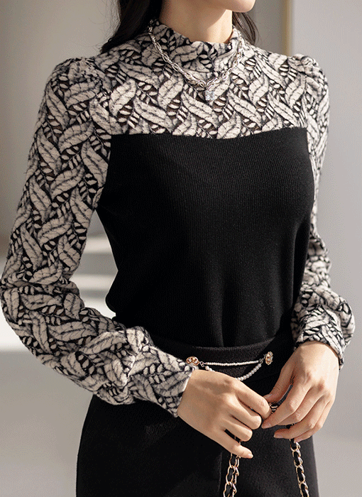 [LouisAngel] リーフ柄起毛レースドッキングハイネックプルオーバー ts31304