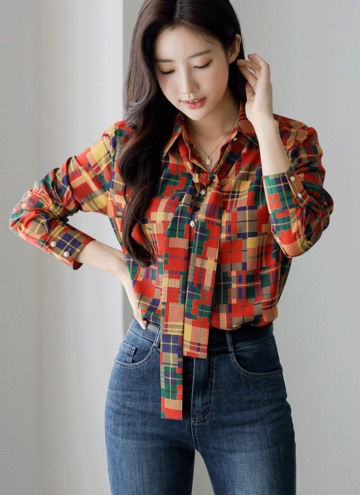 [LouisAngel] ボウタイ付きマルチチェックシャツブラウス bl36713