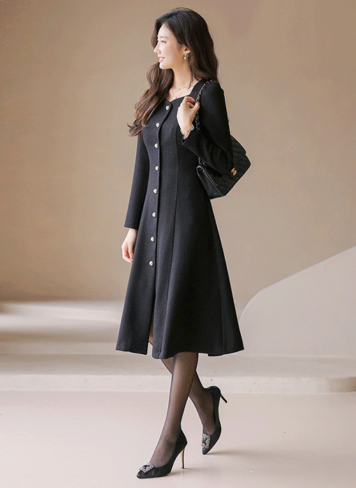 ハートネック パールボタン スリムフレアワンピース op42730