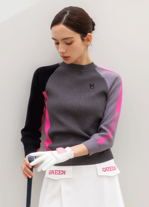 [QoG] 7分袖ピンク配色モックネックリブニット nt42877