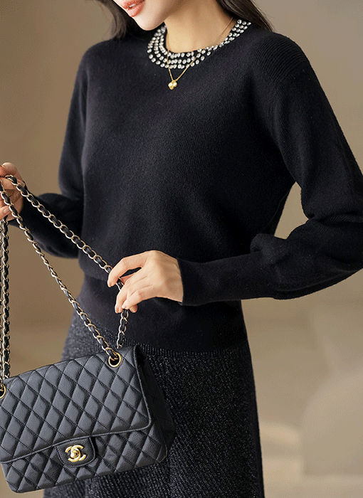 【4色展開】ビジュー付きボリュームスリーブソフトニットnt43368