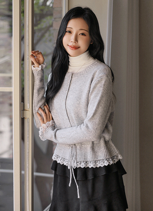 裾レース付きウエストリボンニットカーディガン cd43377