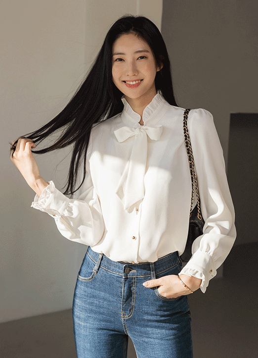 【4色展開】フリルネックリボンタイブラウス bl22026