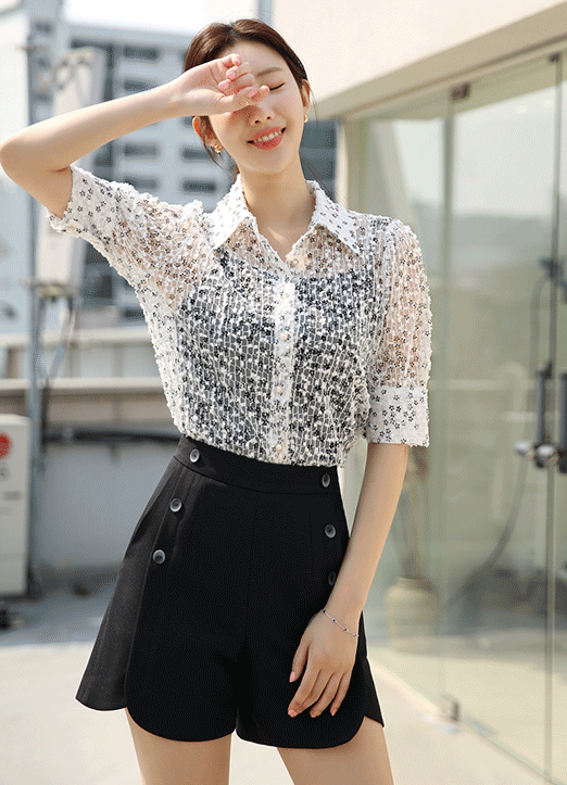 [Louis Angel] シースルーフラワーチュールレースブラウス bl26499