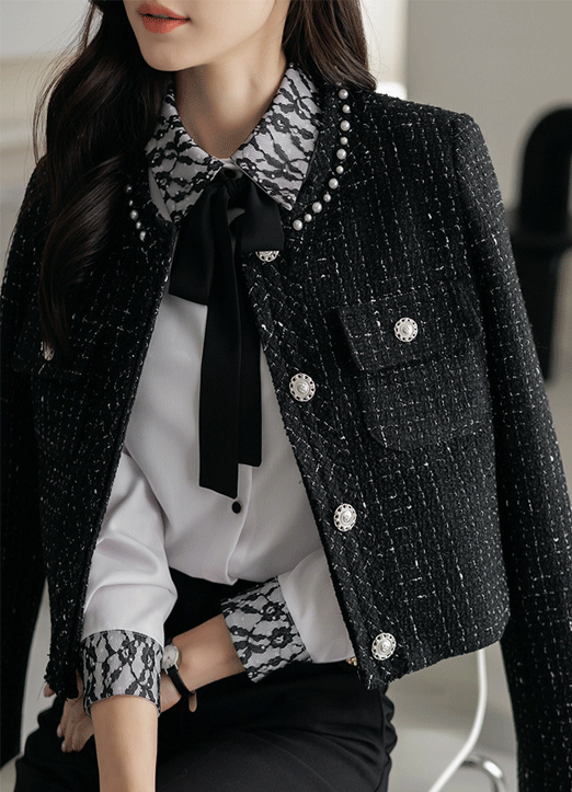 パール付き ウールブレンドノーカラー クロップド ツイードジャケット jk32614