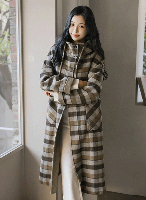 [THE ONME] ウールチェックダッフルロングコート ct43452