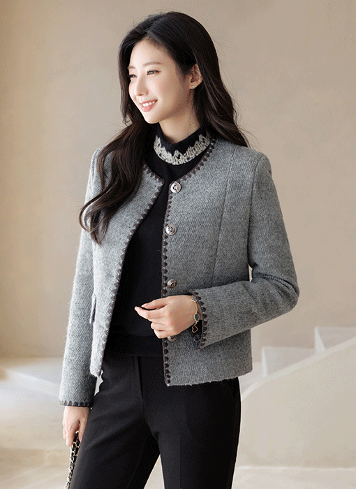 ステッチラインノーカラー裏キルティングウールジャケットjk43533