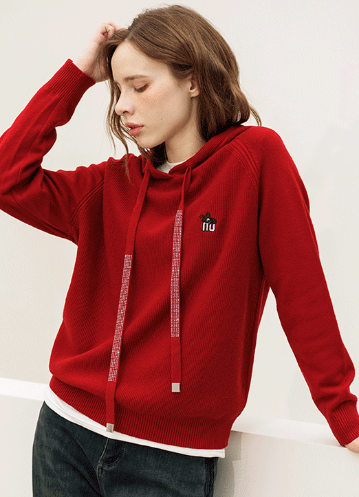 [THE ONME] ラインストーン付きストリングフードニットプルオーバー nt31124