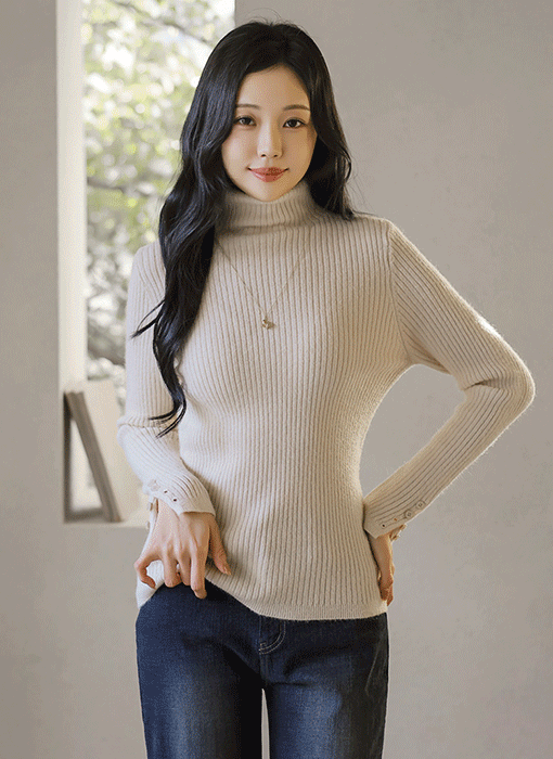 【6色展開】[THE ONME] 袖ボタンスリット タートルネックリブニット nt43566