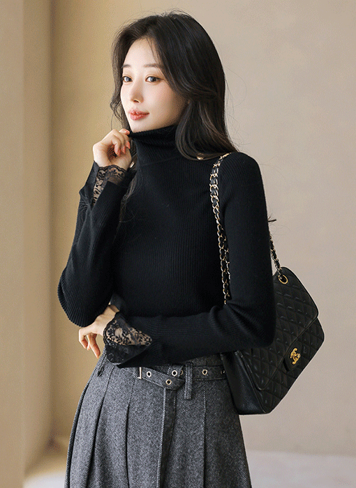 ショルダーゴールドボタン付きレース袖タートルネックニット nt43629