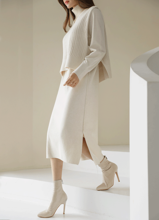 【2点特価】ハイネックケーブルニットベスト&サイドスリットロングニットワンピース セットアップ SET11320