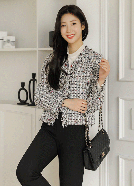 [LouisAngel] カラーパールボタンフリンジツイードジャケットjk13334