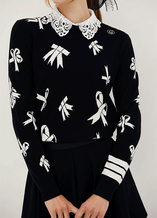 【QoG】[ゴルフウェア] リボンプリント クールネック ニットトップス nt19479