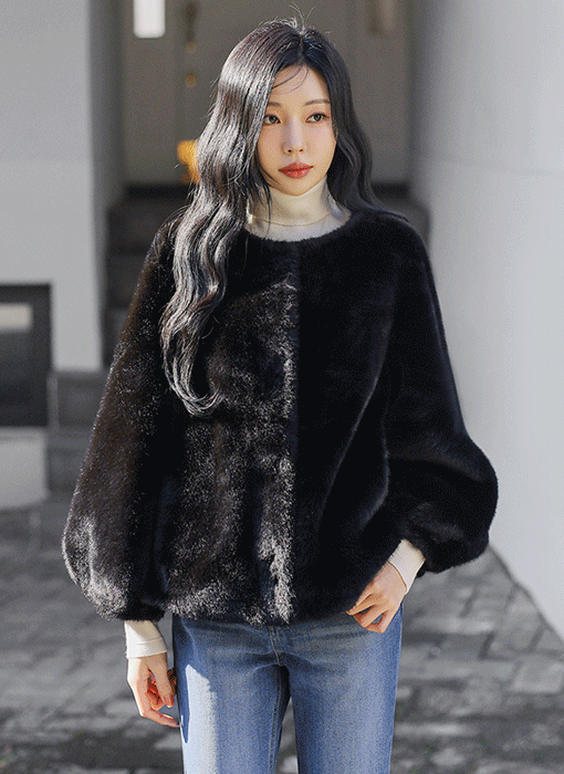 バルーンスリーブソフトフェイクファーノーカラージャケット jk43703