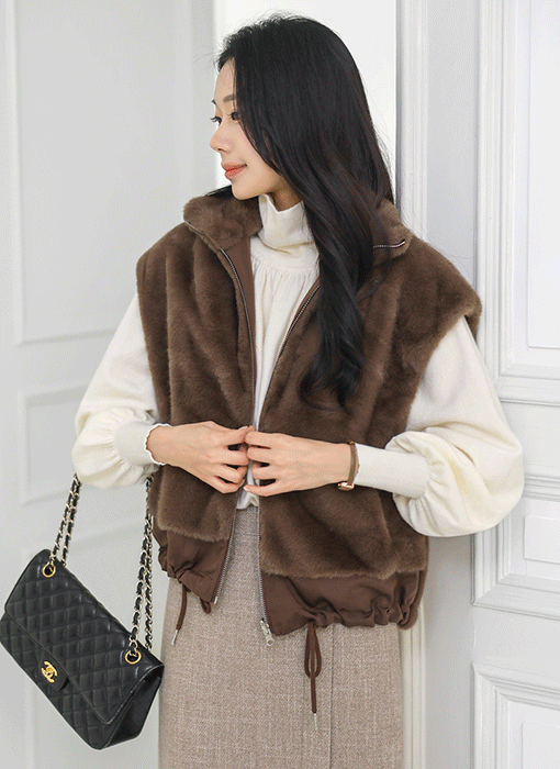 프랑디 밑단 스트링 드롭 숄더 퍼 베스트 자켓