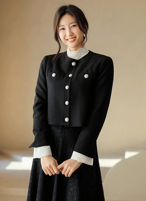 取り外し可能なカフス付き クロップド ノーカラー ツイードジャケット jk38952