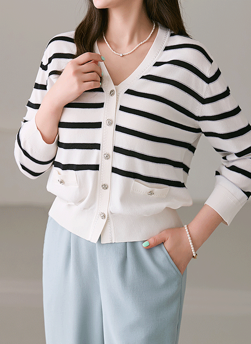 ビジューボタン ラメボーダー Ⅴネックニットカーディガン cd39609