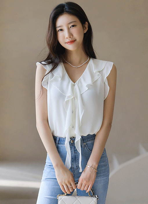 ラッフルＶネックノースリブブラウス bl41364