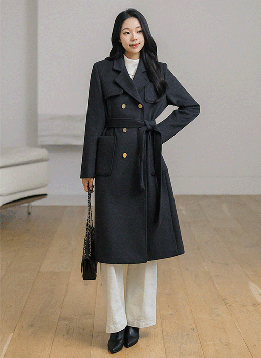 ベルト付き ゴールドボタンウールトレンチコートct43873