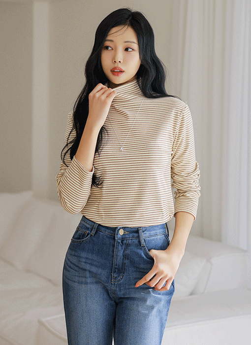 【5色展開】[THE ONME] マルチボーダータートルネックＴシャツ ts44005