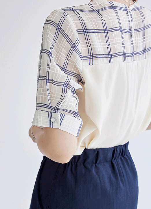 [LouisAngel] チェック切り替え 半袖ブラウス bl16210