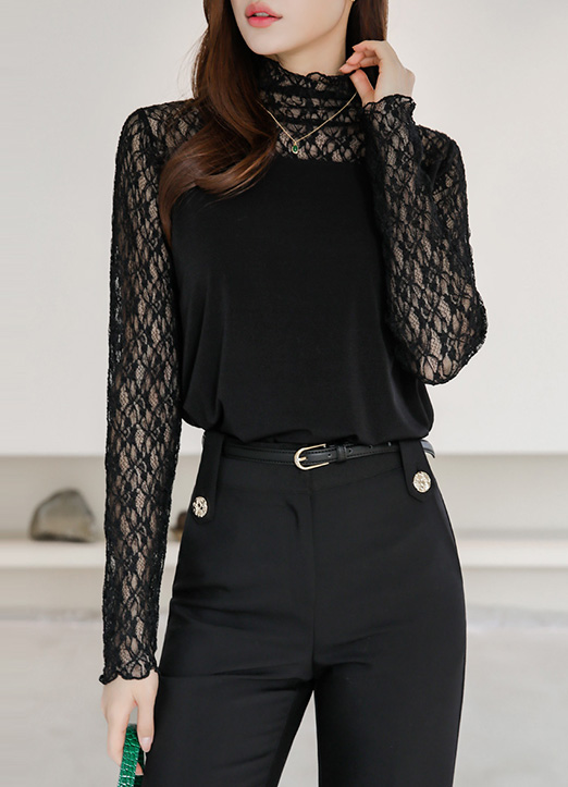 シースルーレースドッキングハイネックストレッチプルオーバー ts23943