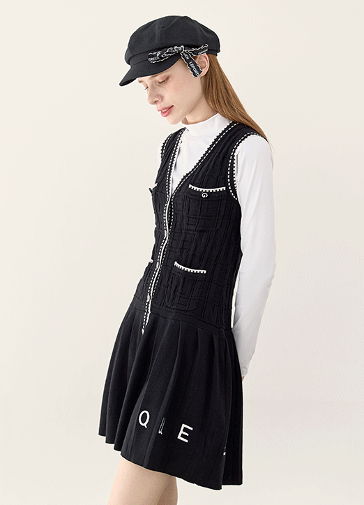 [QoG] バ配色ライン ノースリーブⅤネックニットワンピース op28782